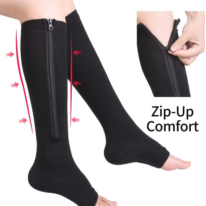 1 Pair Zipper Closure Solid Color High Elasticity Compression Socks Unisex Knee High Open Toe Support Stockings Health Image 11
