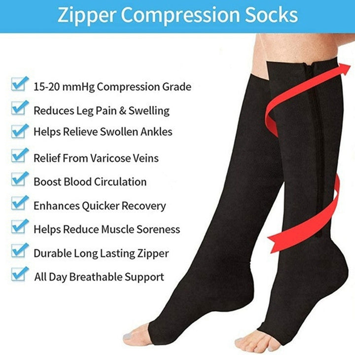 1 Pair Zipper Closure Solid Color High Elasticity Compression Socks Unisex Knee High Open Toe Support Stockings Health Image 12