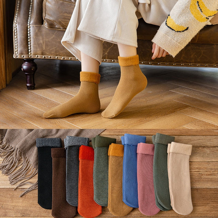 1 Pairs Mid-Tube Ribbed Unisex Socks Winter Solid Color Thickened Fleece Lining Socks Daily Wear Image 1