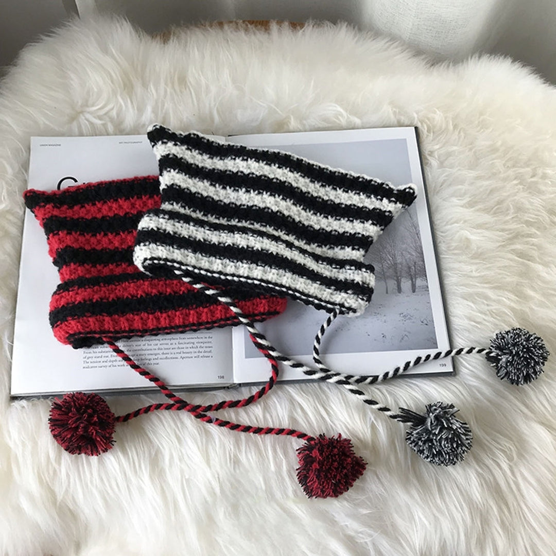 Women Winter Hat Knitted Striped Contrast Color Plush Ball Cat Ears Keep Warm String Soft Headwear Lady Beanie Women Image 1