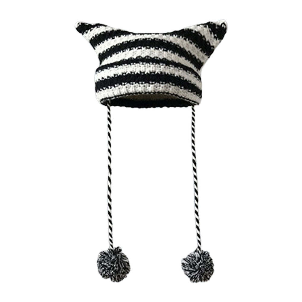 Women Winter Hat Knitted Striped Contrast Color Plush Ball Cat Ears Keep Warm String Soft Headwear Lady Beanie Women Image 2