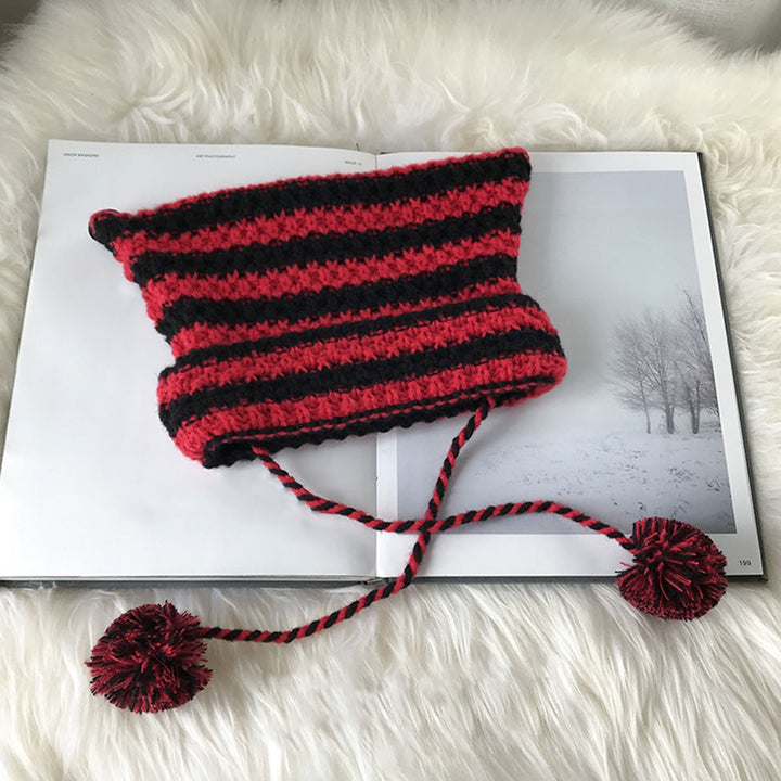 Women Winter Hat Knitted Striped Contrast Color Plush Ball Cat Ears Keep Warm String Soft Headwear Lady Beanie Women Image 4