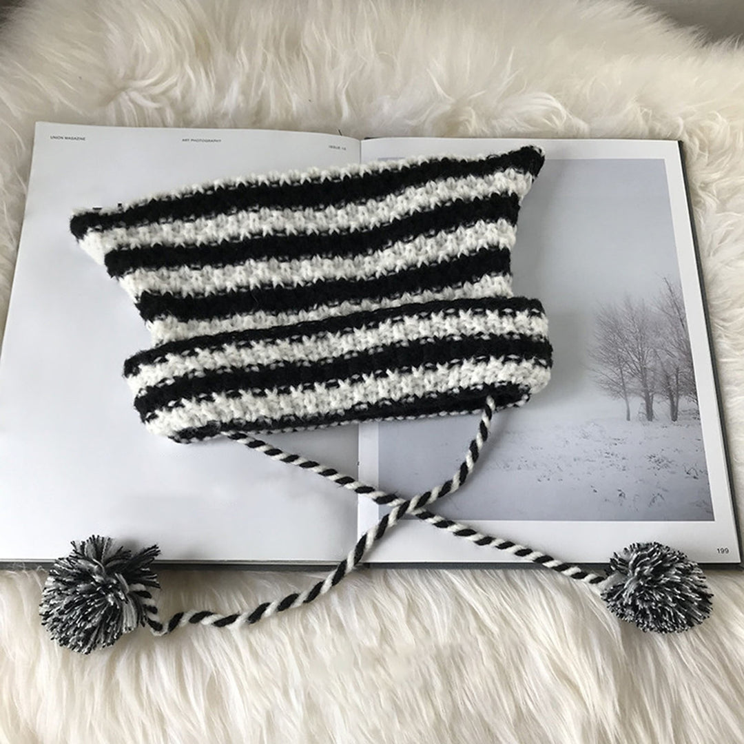 Women Winter Hat Knitted Striped Contrast Color Plush Ball Cat Ears Keep Warm String Soft Headwear Lady Beanie Women Image 8