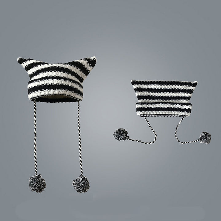 Women Winter Hat Knitted Striped Contrast Color Plush Ball Cat Ears Keep Warm String Soft Headwear Lady Beanie Women Image 10