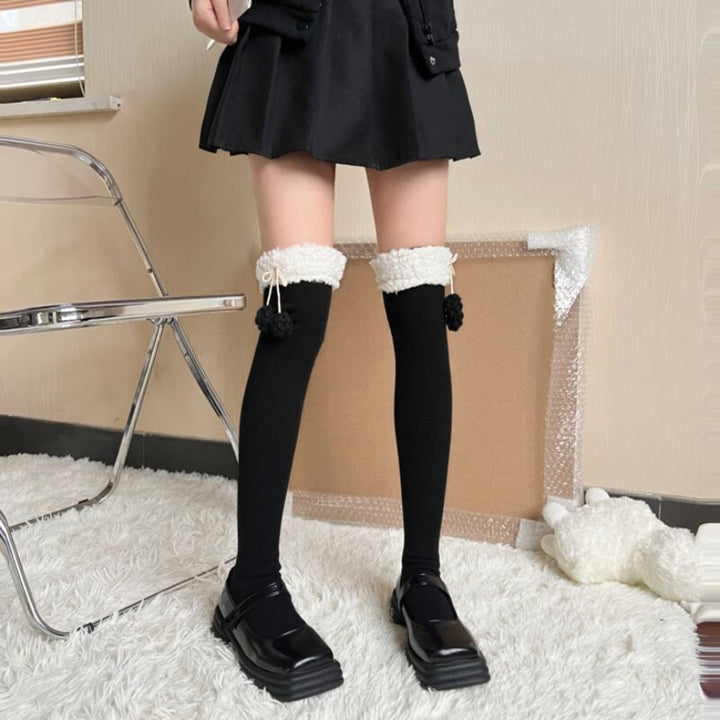 1 Pair Women Winter Stockings Anti-slip Breathable High Elasticity Over Knee Plush Ball Keep Warm Image 12