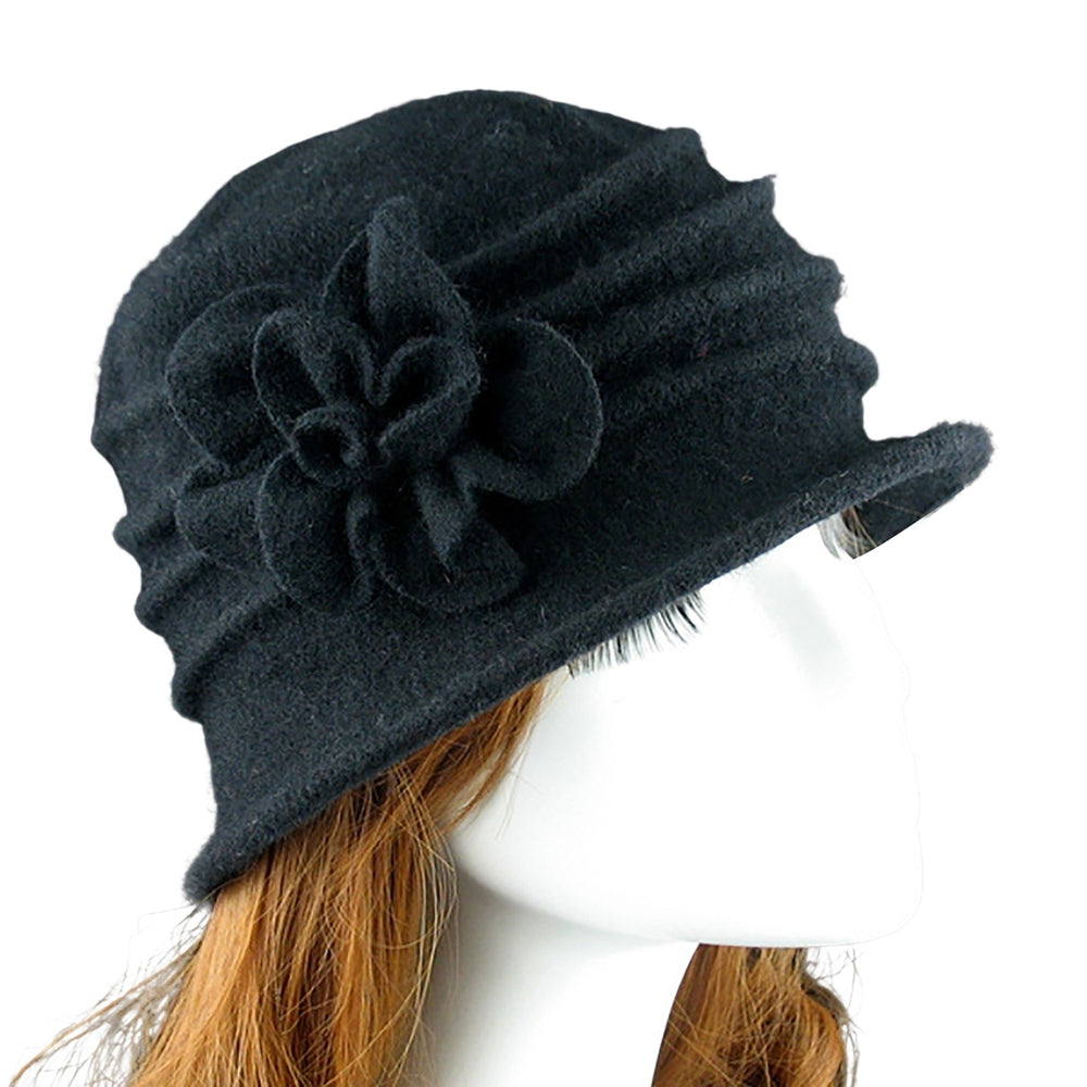 Flower Decor Wide Brim Round Dome Woolen Hat Middle Aged Ladies Elegant Bucket Hat Image 2