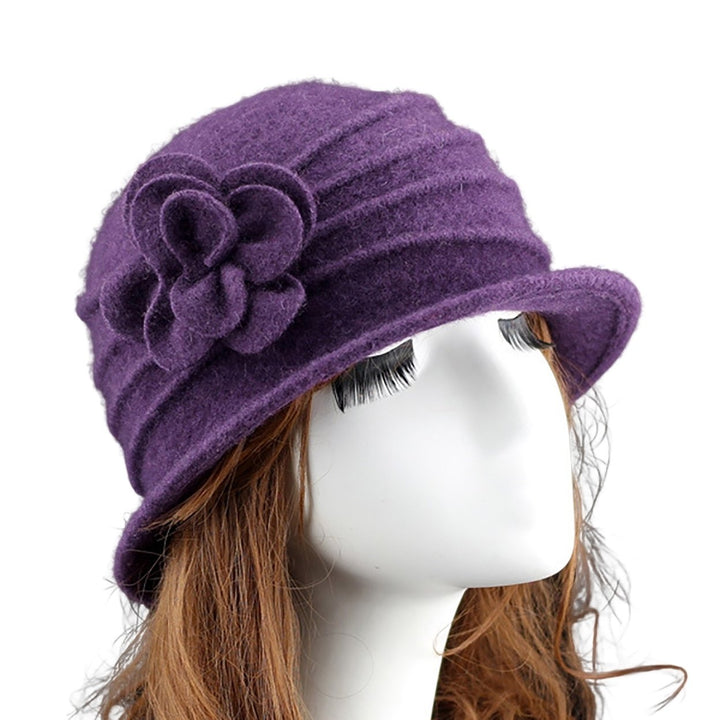 Flower Decor Wide Brim Round Dome Woolen Hat Middle Aged Ladies Elegant Bucket Hat Image 1