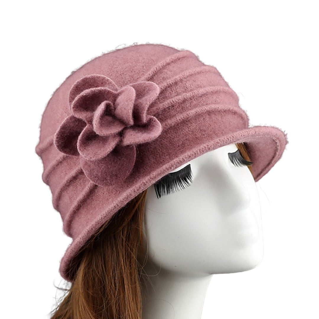 Flower Decor Wide Brim Round Dome Woolen Hat Middle Aged Ladies Elegant Bucket Hat Image 1