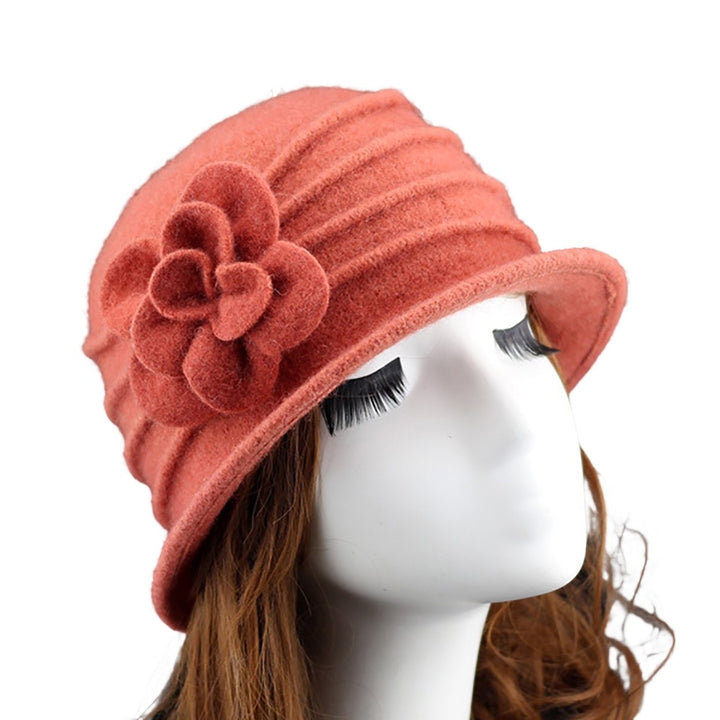 Flower Decor Wide Brim Round Dome Woolen Hat Middle Aged Ladies Elegant Bucket Hat Image 1