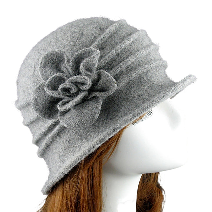Flower Decor Wide Brim Round Dome Woolen Hat Middle Aged Ladies Elegant Bucket Hat Image 7