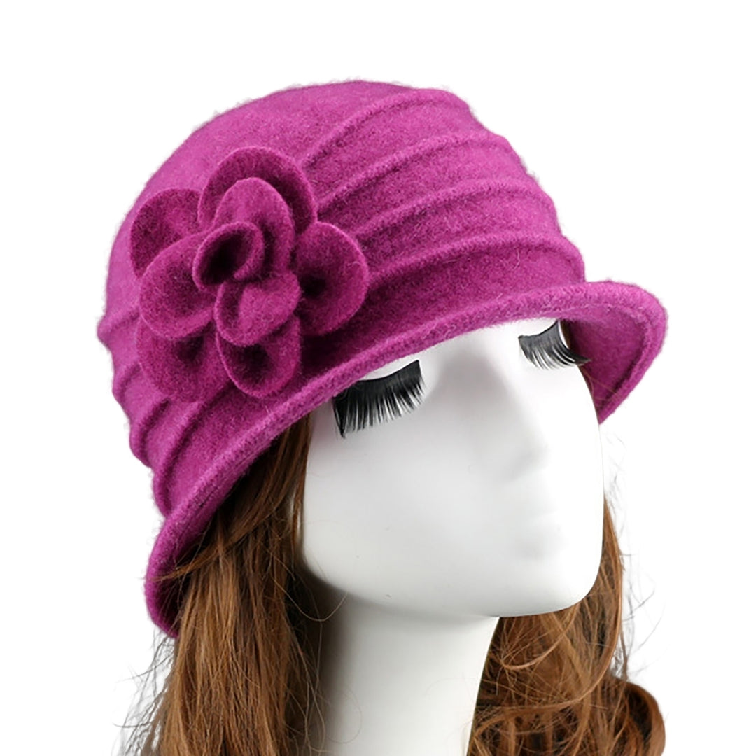 Flower Decor Wide Brim Round Dome Woolen Hat Middle Aged Ladies Elegant Bucket Hat Image 8