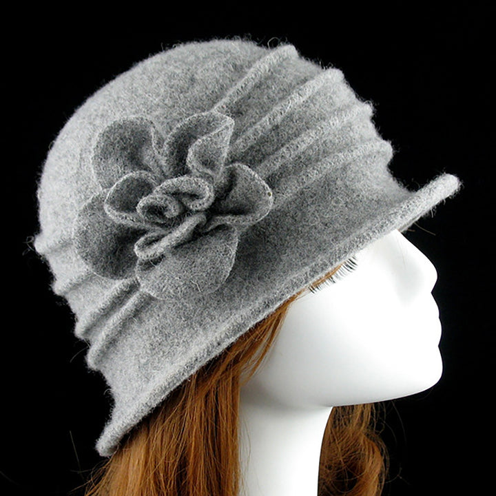 Flower Decor Wide Brim Round Dome Woolen Hat Middle Aged Ladies Elegant Bucket Hat Image 11