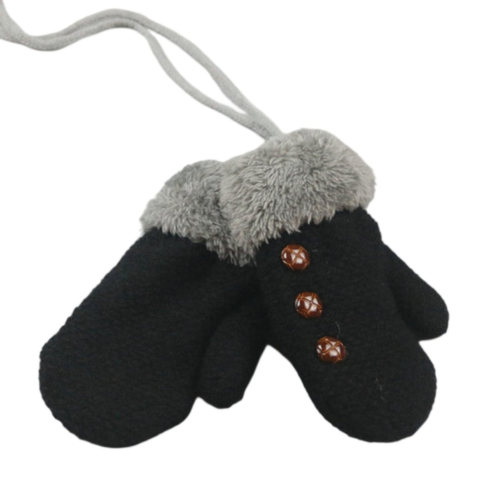 1 Pair Thickened Fleece Lining Winter Gloves with Anti-lost Rope Buttons Decor Solid Color Baby Knitting Mittens Costume Image 2