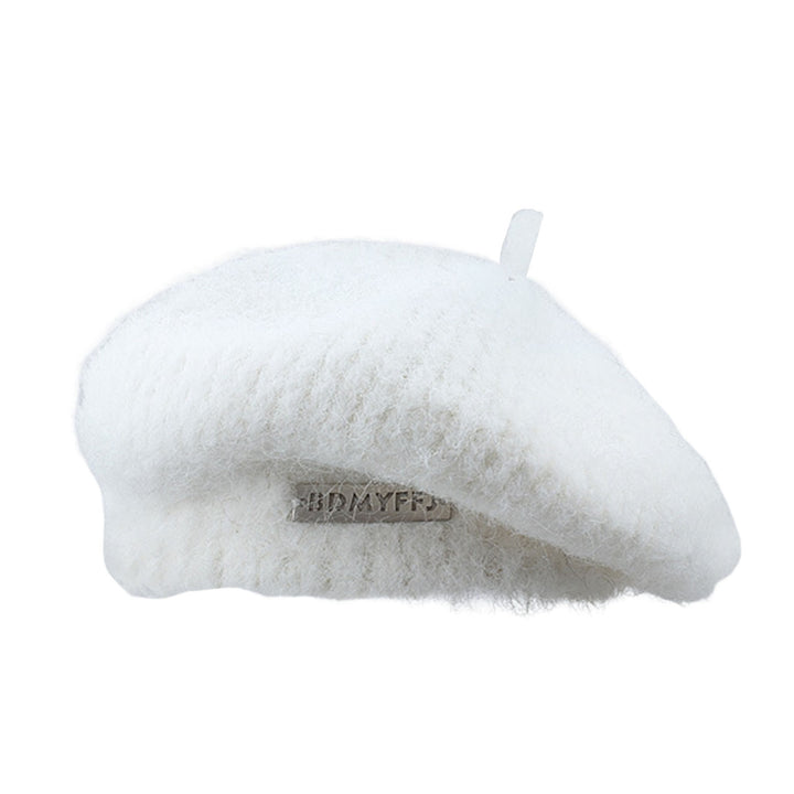 Winter Women Hat Solid Color Thickened Plush Metal Labeling Brimless Windproof Japanese Stretchy Knitted Painter Hat Image 3
