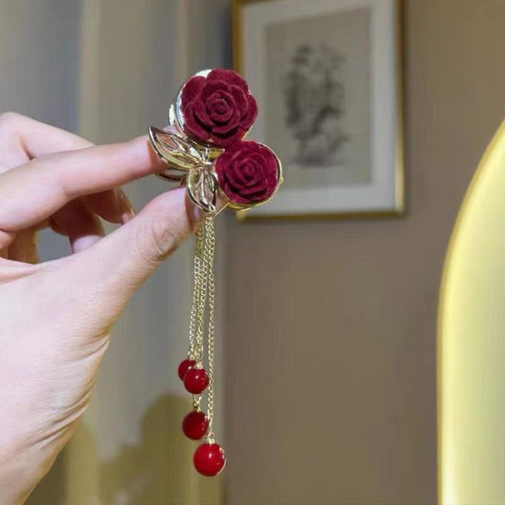 Shiny Rhinestone Long Fringe Beads Decor Hair Claw Elegant Red Rose Flower Decor Hair Clip Hair Accessories Image 3