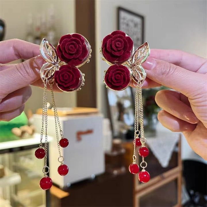 Shiny Rhinestone Long Fringe Beads Decor Hair Claw Elegant Red Rose Flower Decor Hair Clip Hair Accessories Image 4