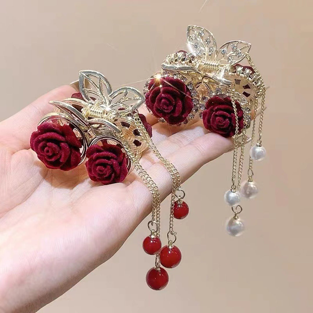 Shiny Rhinestone Long Fringe Beads Decor Hair Claw Elegant Red Rose Flower Decor Hair Clip Hair Accessories Image 7