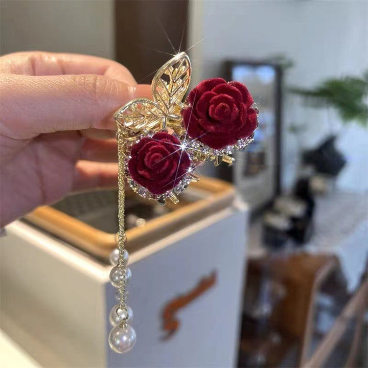 Shiny Rhinestone Long Fringe Beads Decor Hair Claw Elegant Red Rose Flower Decor Hair Clip Hair Accessories Image 9