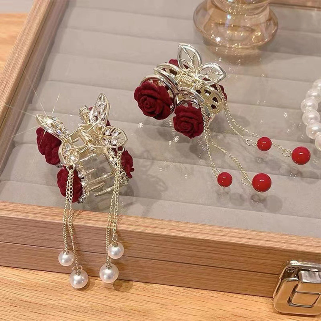 Shiny Rhinestone Long Fringe Beads Decor Hair Claw Elegant Red Rose Flower Decor Hair Clip Hair Accessories Image 10