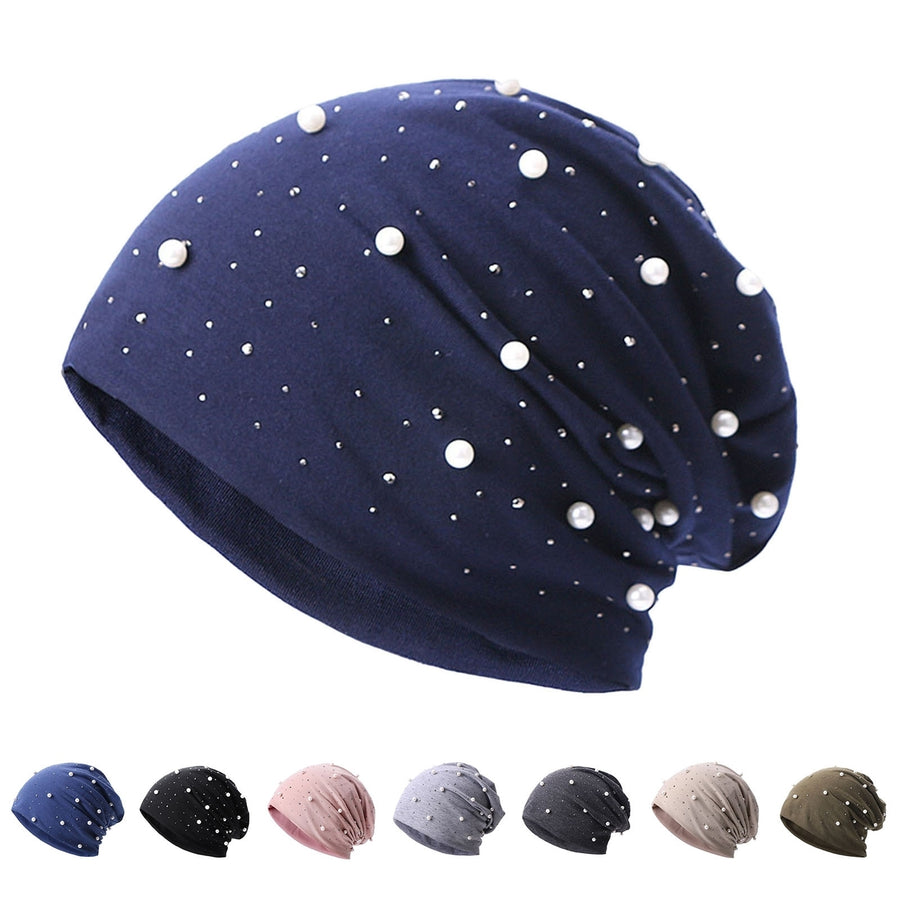 Women Beanie Hat Faux Pearl Decor Elastic Knitted Headgear Solid Color Keep Warm No Brim Casual Women Winter Bonnet Image 1
