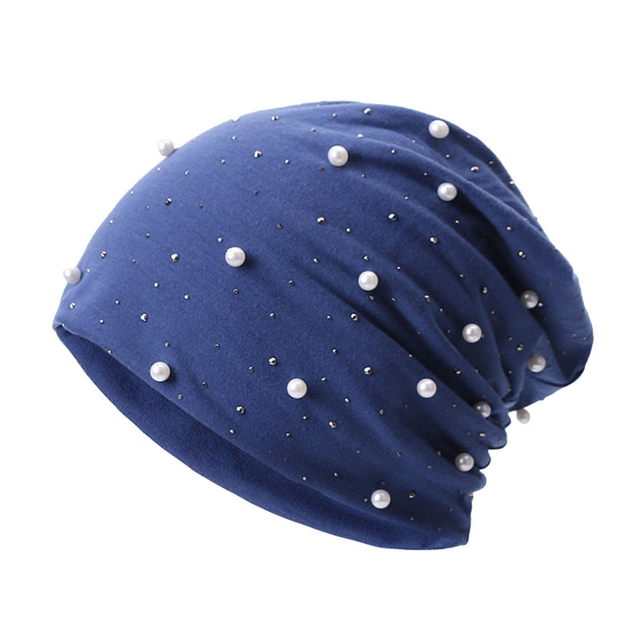 Women Beanie Hat Faux Pearl Decor Elastic Knitted Headgear Solid Color Keep Warm No Brim Casual Women Winter Bonnet Image 3