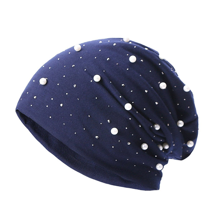 Women Beanie Hat Faux Pearl Decor Elastic Knitted Headgear Solid Color Keep Warm No Brim Casual Women Winter Bonnet Image 1