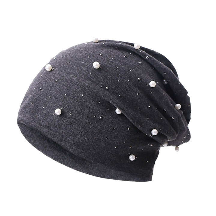Women Beanie Hat Faux Pearl Decor Elastic Knitted Headgear Solid Color Keep Warm No Brim Casual Women Winter Bonnet Image 8