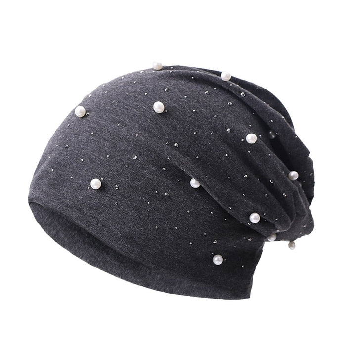 Women Beanie Hat Faux Pearl Decor Elastic Knitted Headgear Solid Color Keep Warm No Brim Casual Women Winter Bonnet Image 1