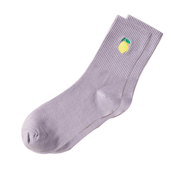 1 Pair Women Socks Fruit Embroidery Anti-slip Solid Color Breathable Soft Keep Warm Stretchy Preppy Style Mid Tube Socks Image 4