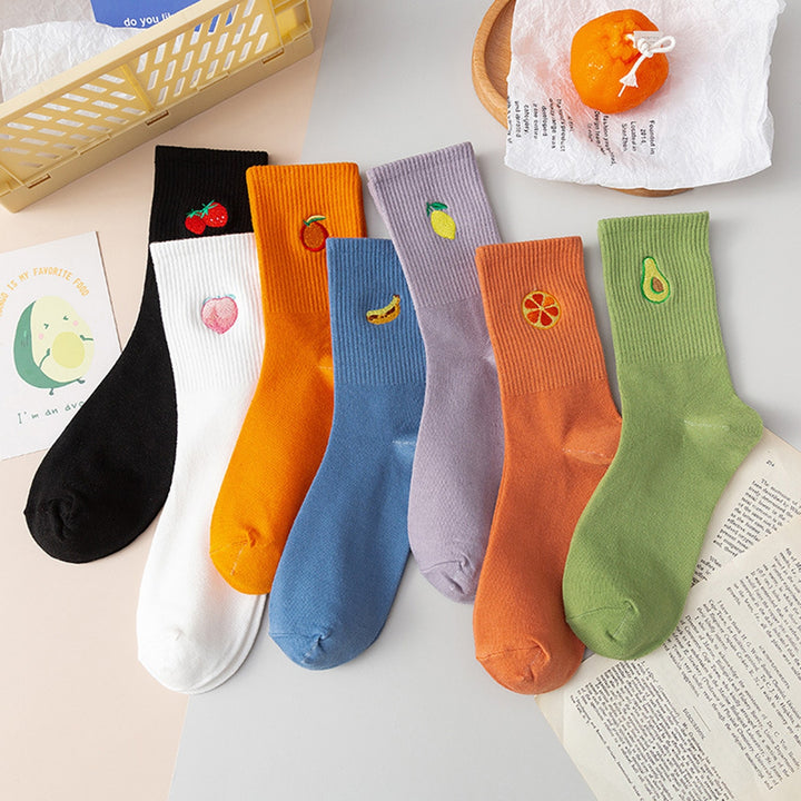 1 Pair Women Socks Fruit Embroidery Anti-slip Solid Color Breathable Soft Keep Warm Stretchy Preppy Style Mid Tube Socks Image 10