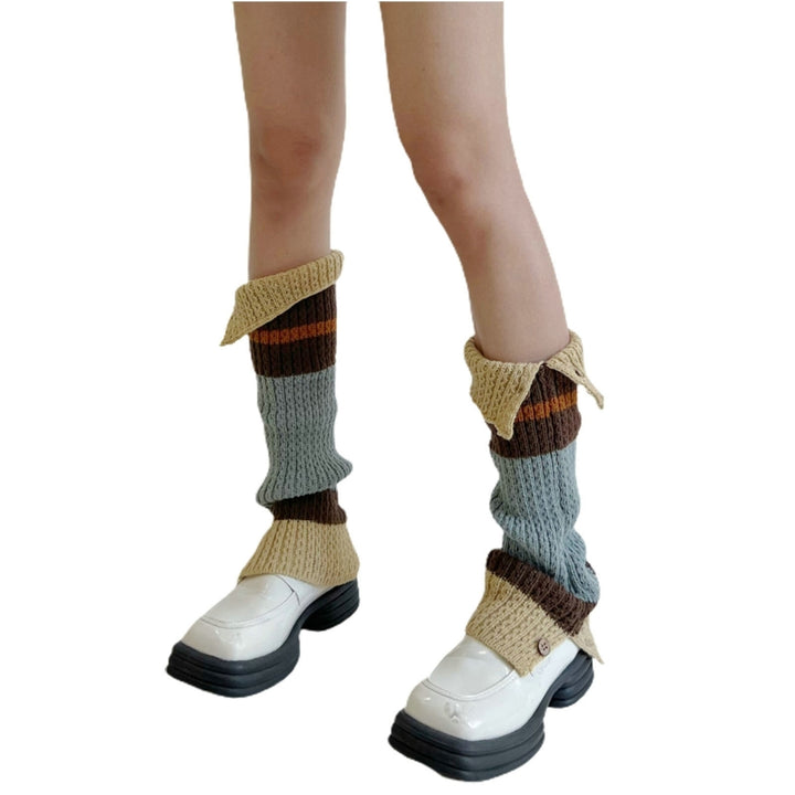 1 Pair Women Winter Calf Socks Knitting Stretch Contrast Color Stitching Button Up Keep Warm Soft Japanese Style Leg Image 3