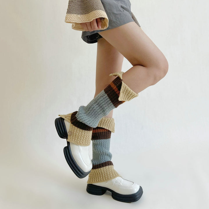 1 Pair Women Winter Calf Socks Knitting Stretch Contrast Color Stitching Button Up Keep Warm Soft Japanese Style Leg Image 6