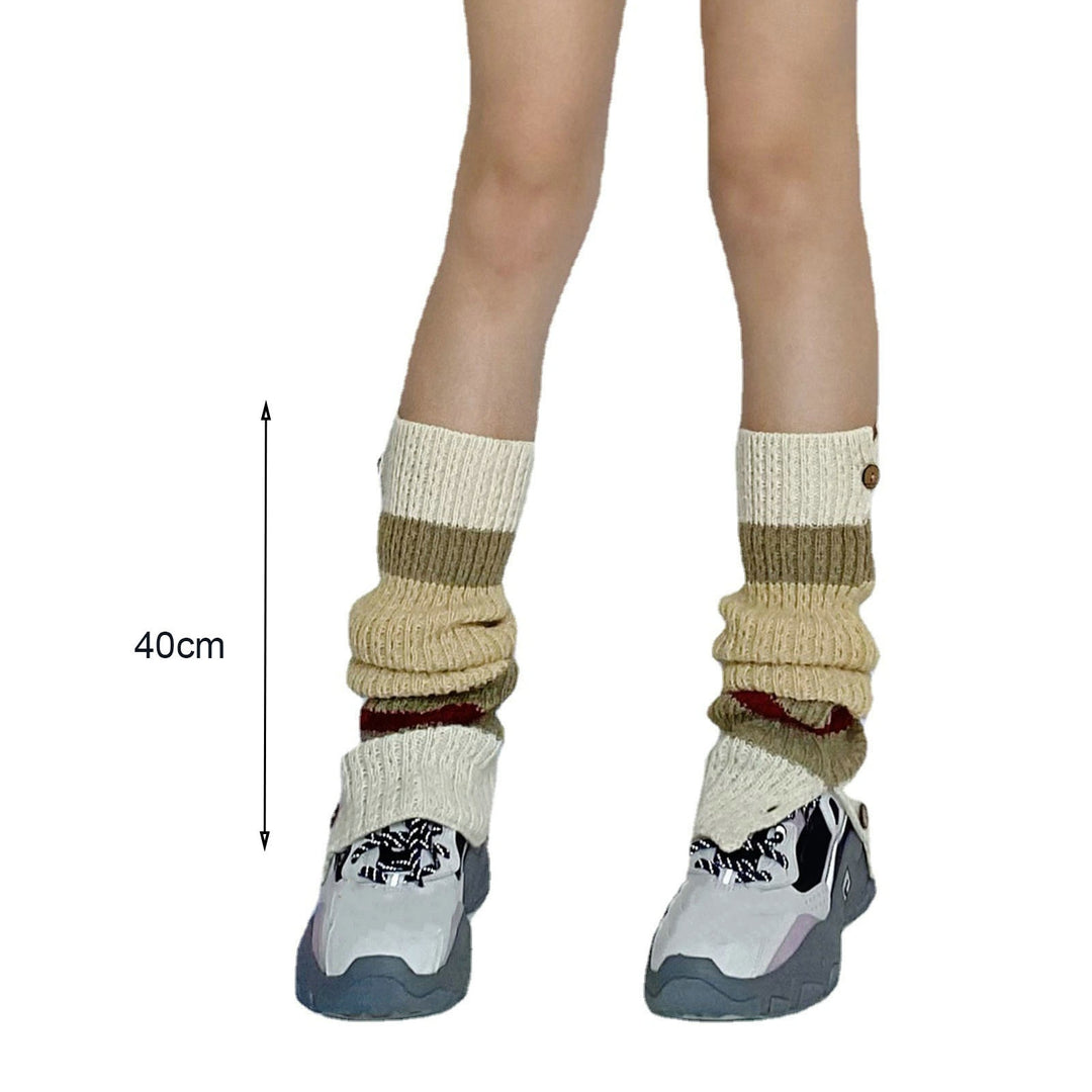 1 Pair Women Winter Calf Socks Knitting Stretch Contrast Color Stitching Button Up Keep Warm Soft Japanese Style Leg Image 7