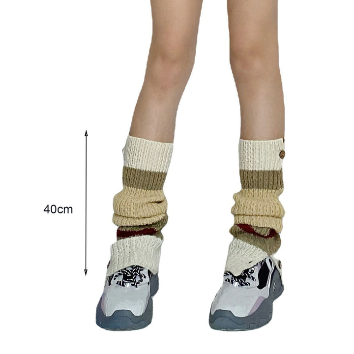 1 Pair Women Winter Calf Socks Knitting Stretch Contrast Color Stitching Button Up Keep Warm Soft Japanese Style Leg Image 7