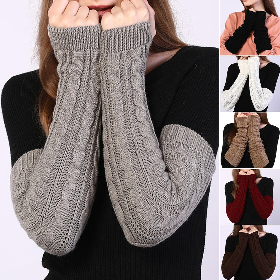 1 Pair Women Arm Warmer Thumbhole Elbow Length Stretchy Knitted Arm Sleeves Keep Warm Solid Color Image 1