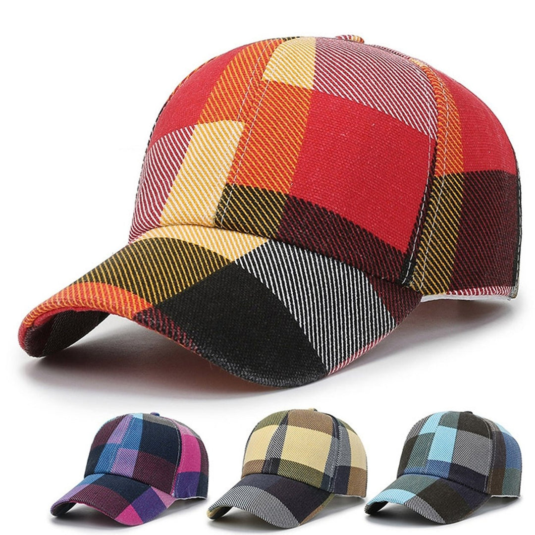 Baseball Hat Adjustable Extended Brim Sun Protection Fadeless Color Contrast Stitching Plaid Peaked Hat Daily Accessory Image 1