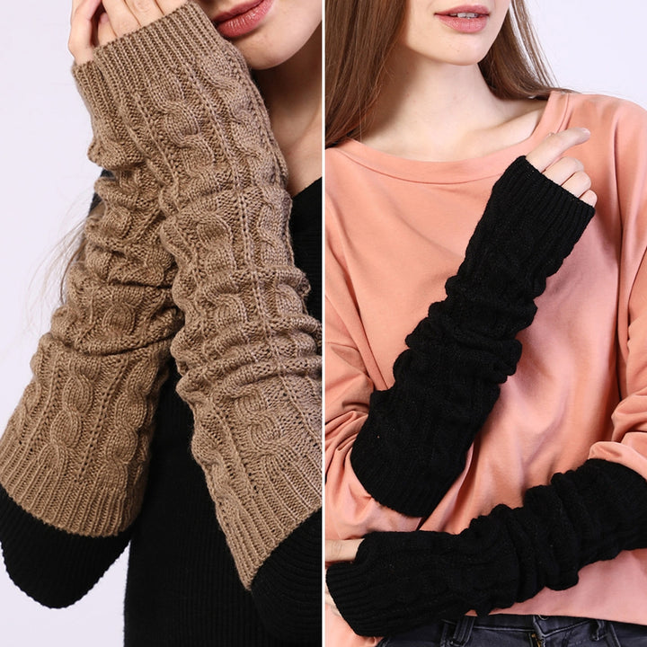 1 Pair Women Arm Warmer Thumbhole Elbow Length Stretchy Knitted Arm Sleeves Keep Warm Solid Color Image 11