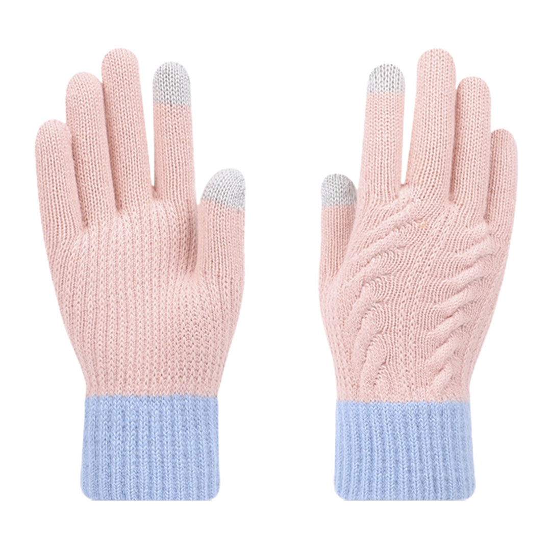 1 Pair Winter Gloves Contrast Color Knitted Touch Screen Plush Full Fingers Keep Warm Soft Skiing Camping Gloves Clothes Image 4