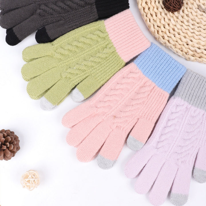 1 Pair Winter Gloves Contrast Color Knitted Touch Screen Plush Full Fingers Keep Warm Soft Skiing Camping Gloves Clothes Image 9