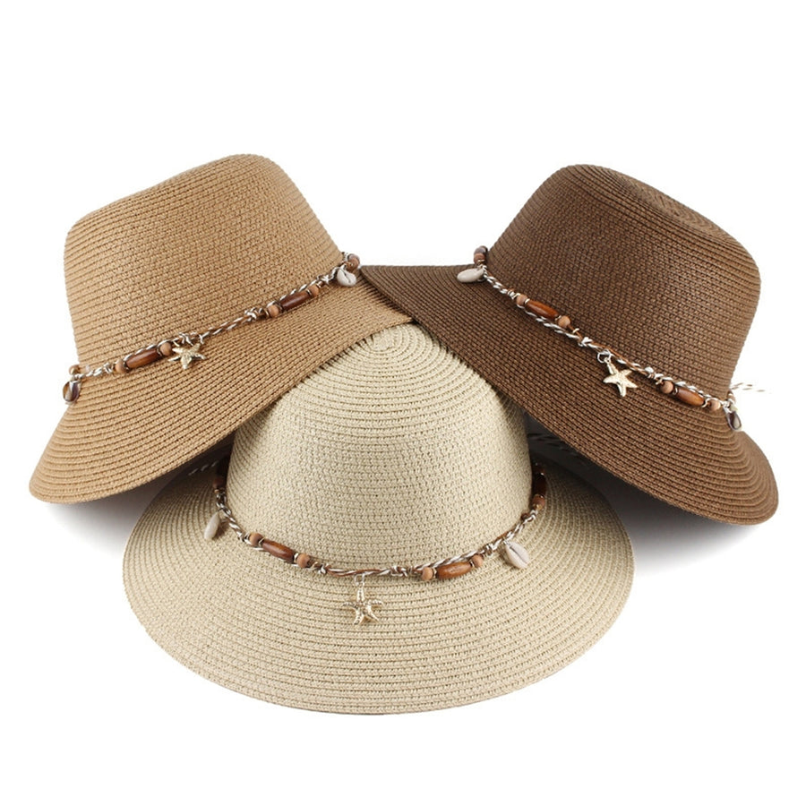 Women Sun Hat Solid Color Sea Shell Decor Braided String Flat Top Sunscreen Round Decorative Beach Hat Clothes Accessory Image 1