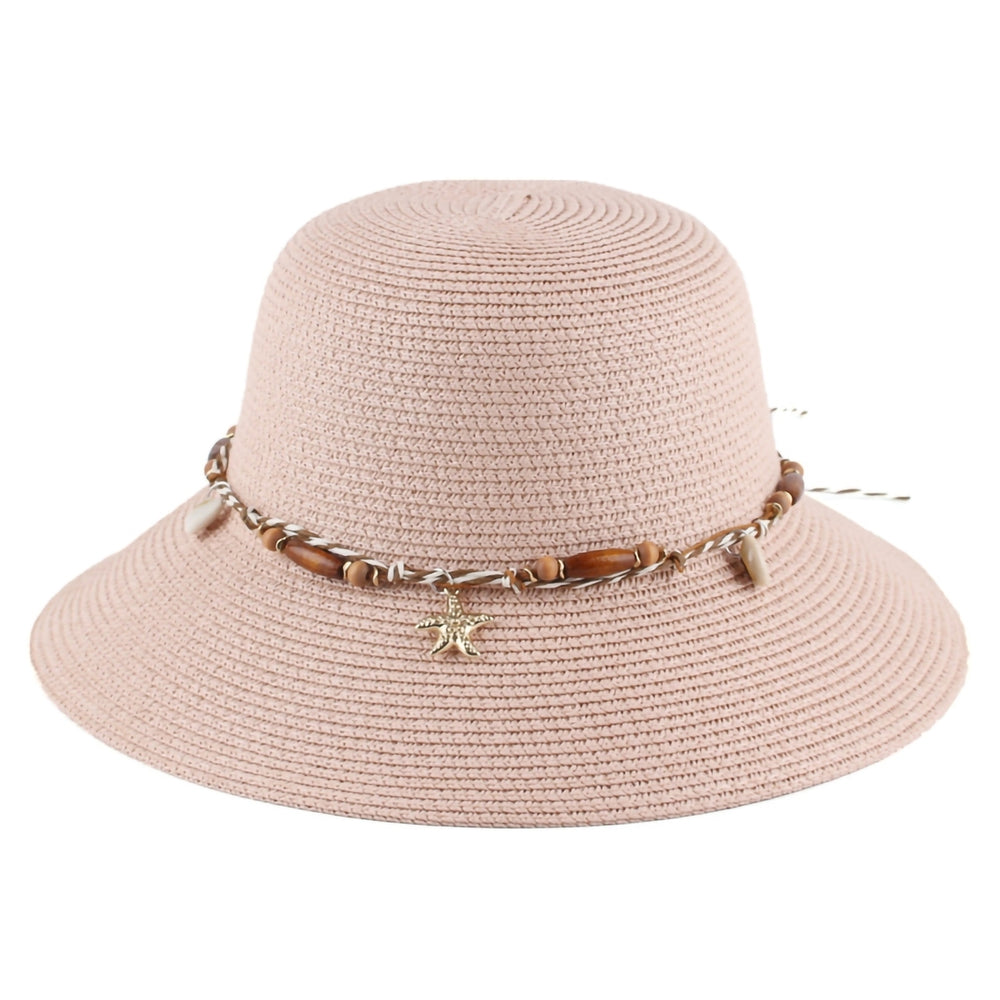 Women Sun Hat Solid Color Sea Shell Decor Braided String Flat Top Sunscreen Round Decorative Beach Hat Clothes Accessory Image 2