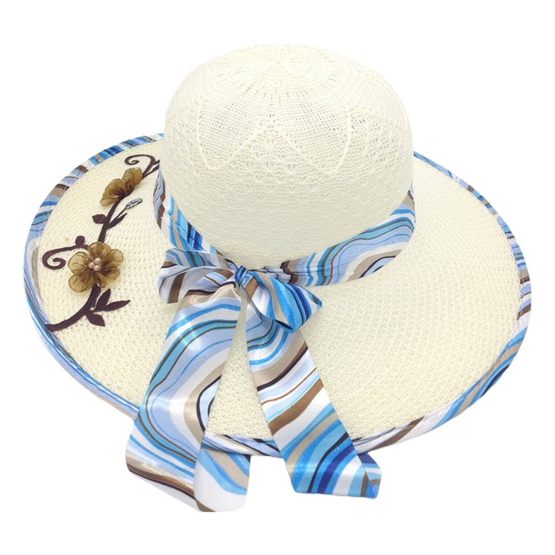 Ribbon Bowknot Decor Flower Stitching Sun Hat Foldable Wide Brim Floppy Straw Hat Costume Accessories Image 1