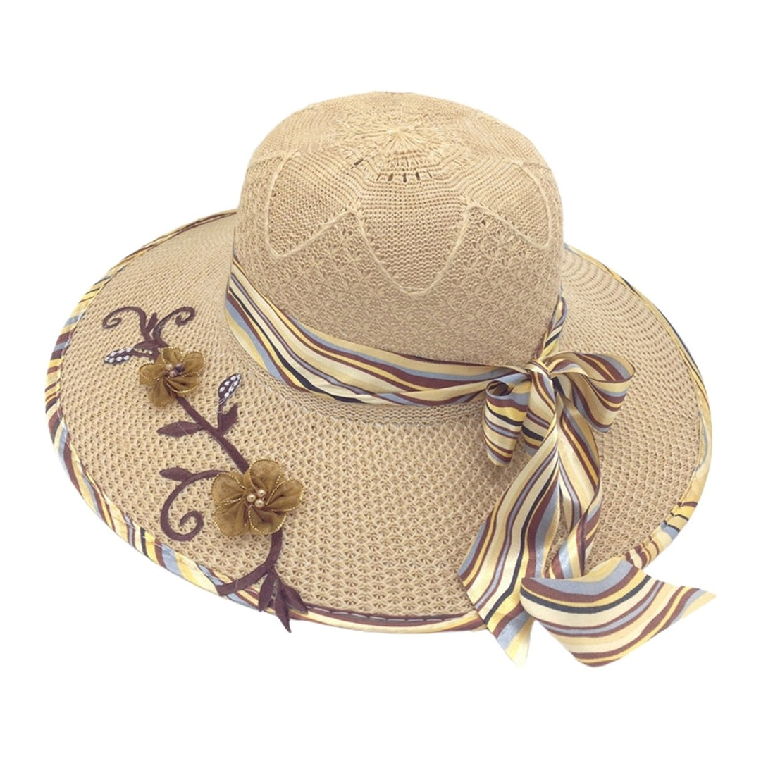 Ribbon Bowknot Decor Flower Stitching Sun Hat Foldable Wide Brim Floppy Straw Hat Costume Accessories Image 3