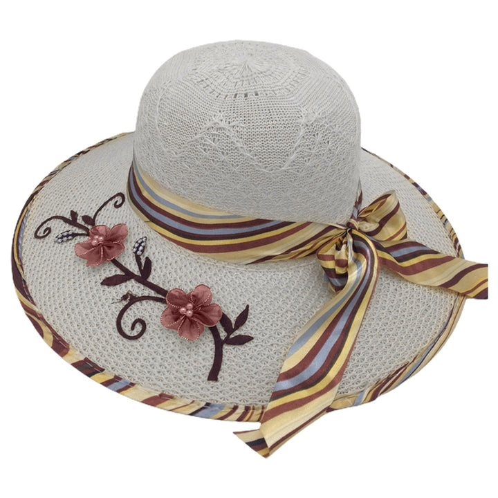 Ribbon Bowknot Decor Flower Stitching Sun Hat Foldable Wide Brim Floppy Straw Hat Costume Accessories Image 4