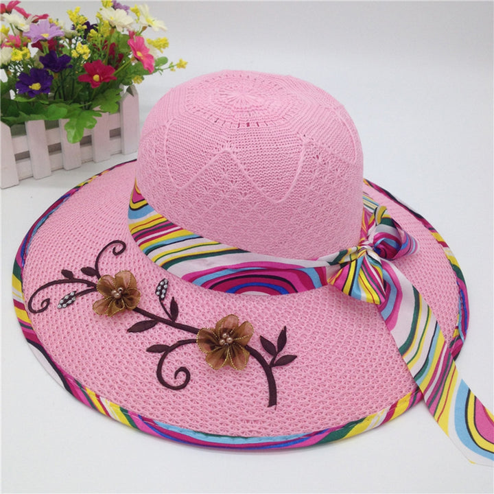 Ribbon Bowknot Decor Flower Stitching Sun Hat Foldable Wide Brim Floppy Straw Hat Costume Accessories Image 4