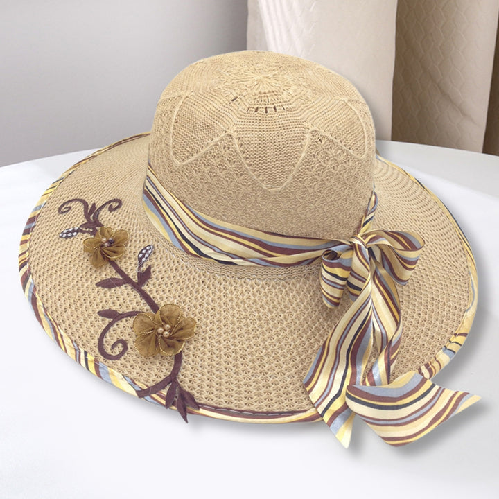 Ribbon Bowknot Decor Flower Stitching Sun Hat Foldable Wide Brim Floppy Straw Hat Costume Accessories Image 6