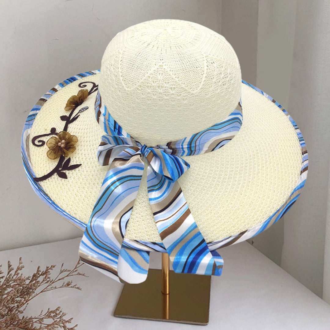 Ribbon Bowknot Decor Flower Stitching Sun Hat Foldable Wide Brim Floppy Straw Hat Costume Accessories Image 7