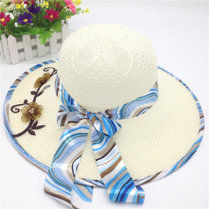 Ribbon Bowknot Decor Flower Stitching Sun Hat Foldable Wide Brim Floppy Straw Hat Costume Accessories Image 9