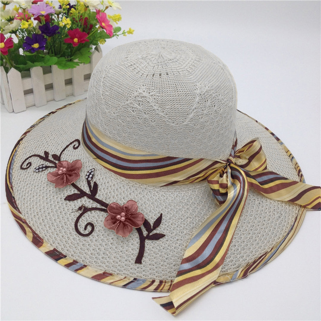 Ribbon Bowknot Decor Flower Stitching Sun Hat Foldable Wide Brim Floppy Straw Hat Costume Accessories Image 10