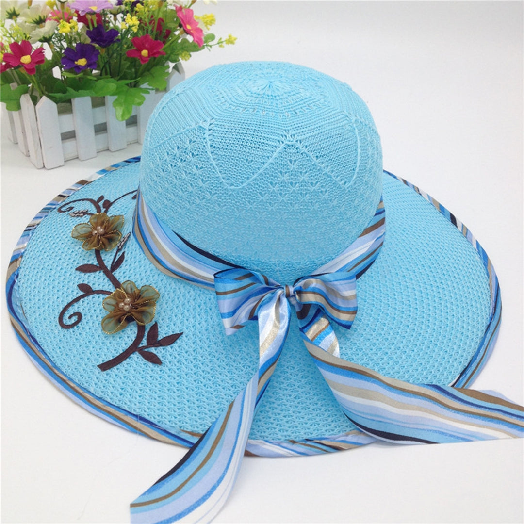 Ribbon Bowknot Decor Flower Stitching Sun Hat Foldable Wide Brim Floppy Straw Hat Costume Accessories Image 11